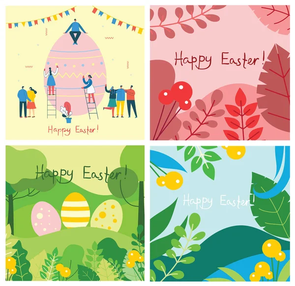 Szczęśliwych Kart Wielkanocnych Płaskiej Konstrukcji Wektor Ilustracji Wielkanocnych Jaj Widokiem — Wektor stockowy