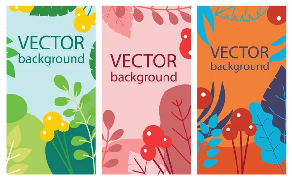 フラットなデザインのバナー ポスター カバーデザインテンプレートや壁紙のための春や夏の葉と花を持つベクトル抽象フローラルハーブの背景セット — ストックベクタ