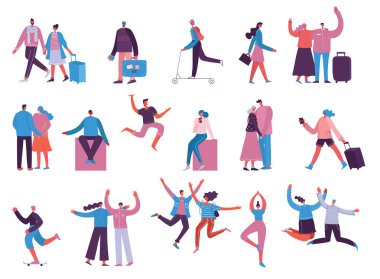 Vektör Illustration farklı etkinliklerin düz bir tarzda insanlar atlama, dans, seyahat, yürüyüş, aşık çift, düz tarzda spor yapıyor