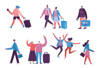 Düz tasarım Bagaj ve turist ekipmanları ile çeşitli aktivite izole genç gezginler ile vektör Illustration