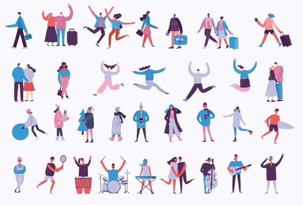 Vektor Illustration Flachen Stil Unterschiedlicher Aktivitäten Menschen Springen Tanzen Reisen — Stockvektor