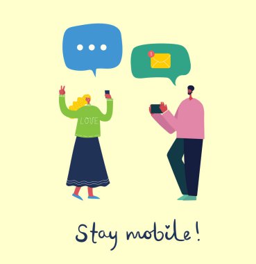 Akıllı telefonları kullanan kadın ve erkeğin vektör çizimleri