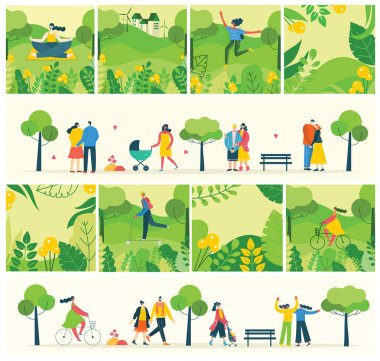 Farklı insanlarla Vektör Doğa Eko arka plan, çift faaliyetleri yapıyor