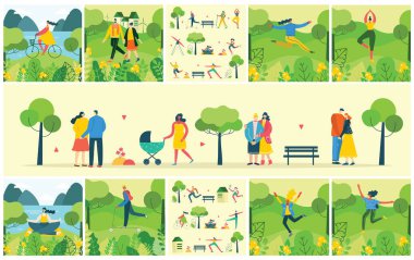 Farklı insanlarla Vektör Doğa Eko arka plan, çift faaliyetleri yapıyor