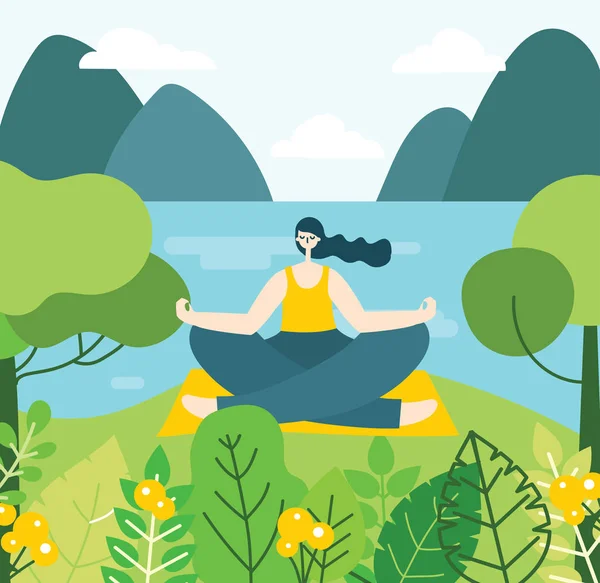 Ector Naturaleza Eco Fondo Con Chica Haciendo Yoga — Vector de stock