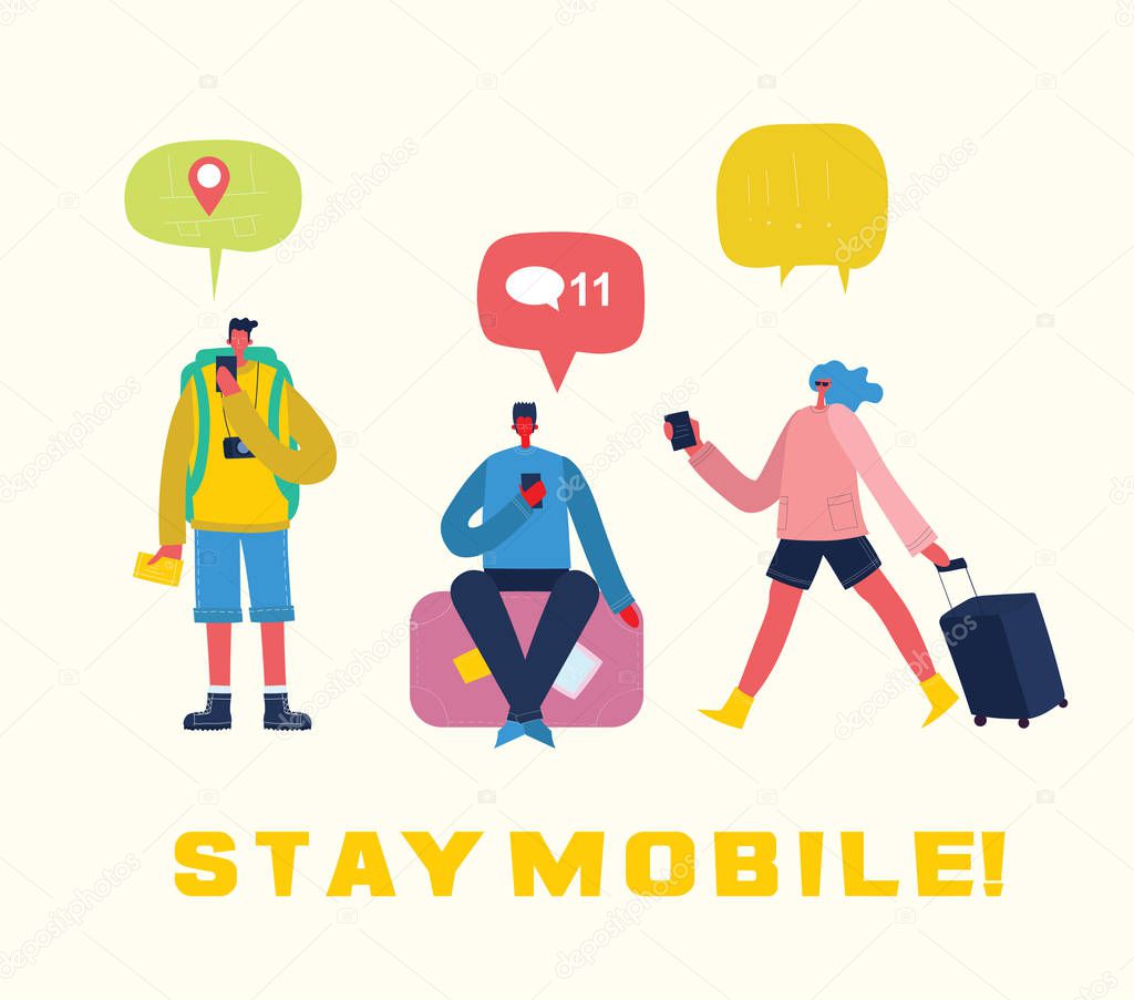 Vector illustrations of travelers using smartphones