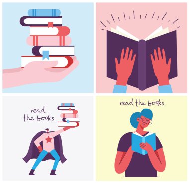 Dünya Kitap Günü Kavramı, kitap okuma ve kitap festivali düz tarzda. İnsanlar oturup, ayakta durur, yürür ve kitap okur. Vektör çizimi