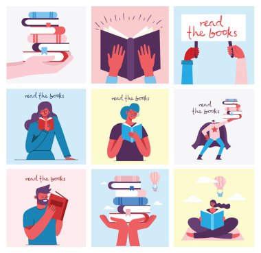 Dünya Kitap Günü Kavramı, kitap okuma ve kitap festivali düz tarzda. İnsanlar oturup, ayakta durur, yürür ve kitap okur. Vektör çizimi