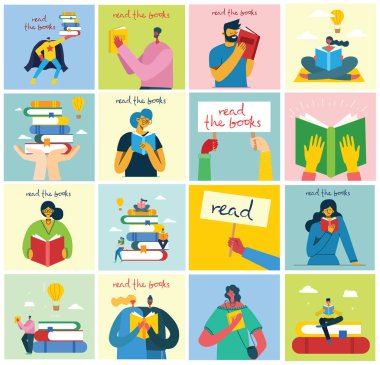 Dünya Kitap Günü Kavramı, kitap okuma ve kitap festivali düz tarzda. İnsanlar oturup, ayakta durur, yürür ve kitap okur. Vektör çizimi