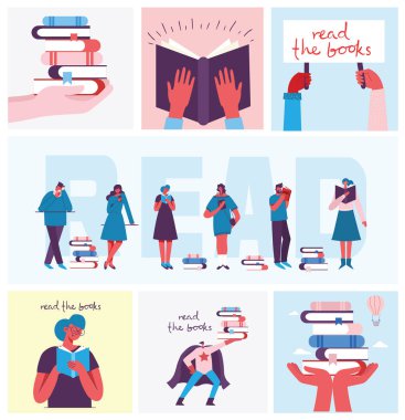 Dünya Kitap Günü Kavramı, kitap okuma ve kitap festivali düz tarzda. İnsanlar oturup, ayakta durur, yürür ve kitap okur. Vektör çizimi