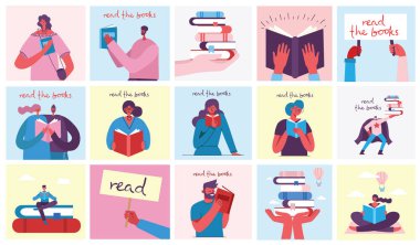 Dünya Kitap Günü Kavramı, kitap okuma ve kitap festivali düz tarzda. İnsanlar oturup, ayakta durur, yürür ve kitap okur. Vektör çizimi