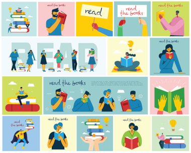 Dünya Kitap Günü Kavramı, kitap okuma ve kitap festivali düz tarzda. İnsanlar oturup, ayakta durur, yürür ve kitap okur. Vektör çizimi