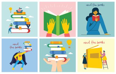 Dünya Kitap Günü Kavramı, kitap okuma ve kitap festivali düz tarzda. İnsanlar oturup, ayakta durur, yürür ve kitap okur. Vektör çizimi