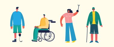 Vektör arka plan engelli insanlar, genç handycap kişi ve erkek ve kadın yardım ile. Engelsiz bir dünya. Düz çizgi film karakterleri.