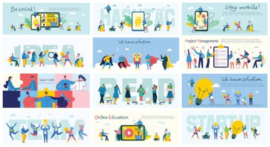 Ofis kavramının vektör çizimi. Düz tarzda iş adamları. Mobil kalın, Çevrimiçi eğitim, Başlangıç ve ekip çalışması iş konsepti