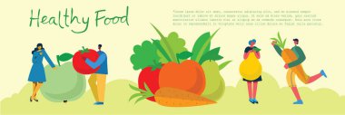 Web sitesi ve mobil web sitesi geliştirme için Sağlıklı Gıda kavramı. Farklı meyve ve sebzeleri olan insanlar. Vektör çizimi