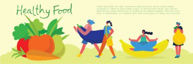 Web sitesi ve mobil web sitesi geliştirme için Sağlıklı Gıda kavramı. Farklı meyve ve sebzeleri olan insanlar. Vektör çizimi