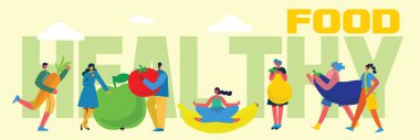 Web sitesi ve mobil web sitesi geliştirme için Sağlıklı Gıda kavramı. Farklı meyve ve sebzeleri olan insanlar. Vektör çizimi
