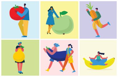 Web sitesi ve mobil web sitesi geliştirme için Sağlıklı Gıda kavramı. Farklı meyve ve sebzeleri olan insanlar. Vektör çizimi