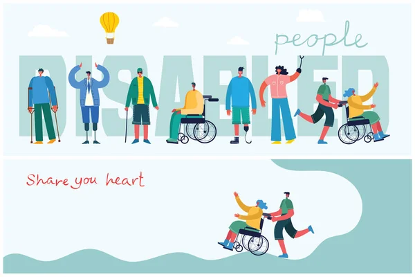 矢量背景与残疾人 年轻的杂帽人和男女帮助 世界没有障碍 平面卡通人物 — 图库矢量图片