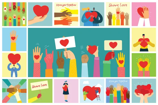 分享你的爱 人们用心作为爱的信息 现代平面风格的情人节矢量插图 — 图库矢量图片