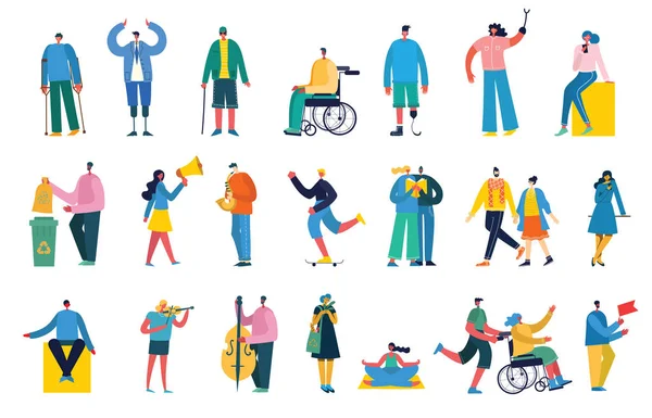 障害者 若いハンディキャップの人と男性と女性が助けるベクトルの背景 障壁のない世界フラット漫画のキャラクター — ストックベクタ
