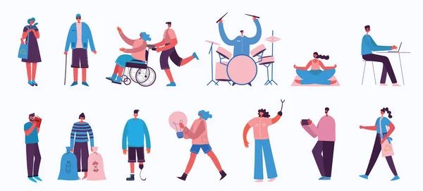 以扁平风格展示不同活动的人与智能手机 残疾人 做生意 演奏乐器 — 图库矢量图片