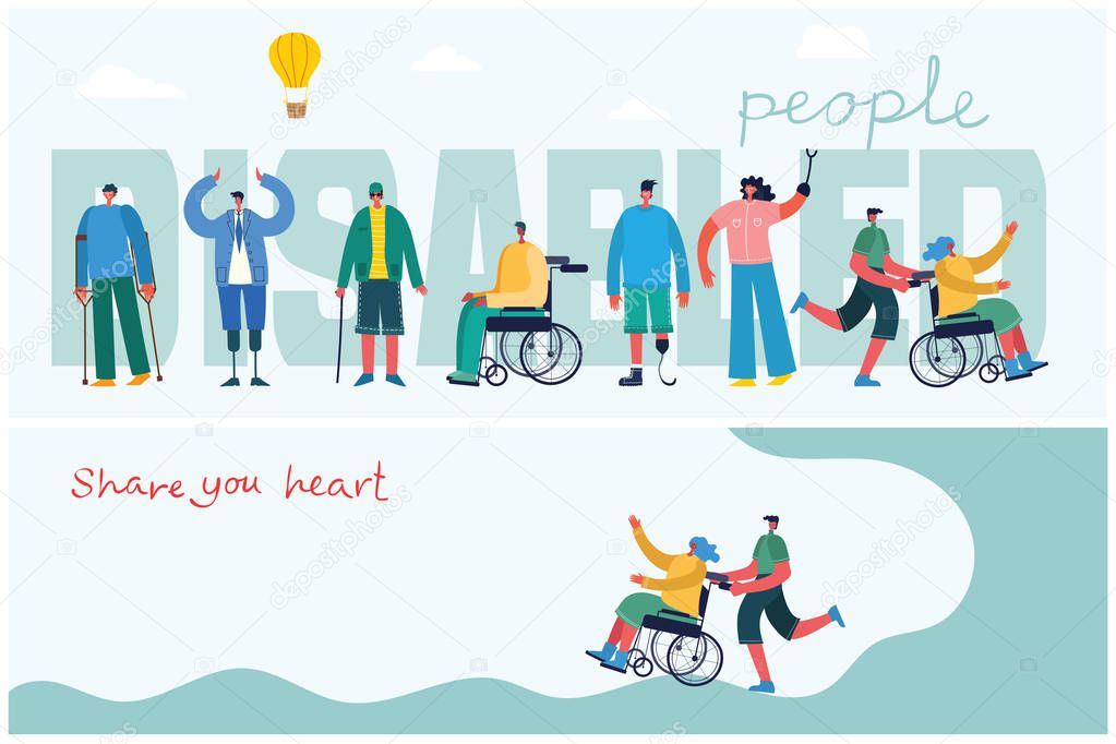 Vector background with disabled people, young handycap persons and men and women helping. World without barriers. Flat cartoon characters.