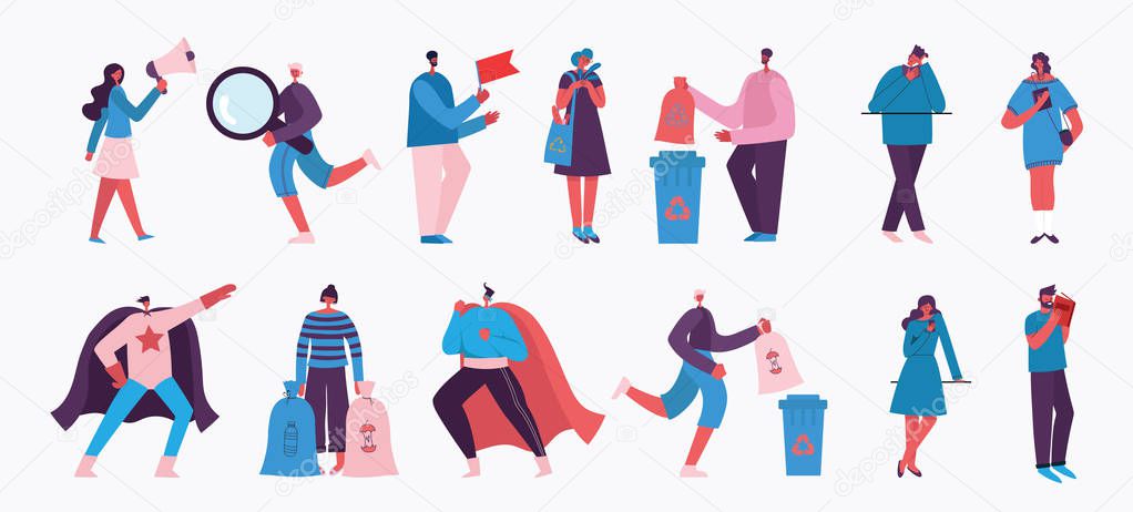 Vector illustration in a flat style of different activities people with smartphones, travelling, disabled people, walking, doing business, reading books, playing musical instruments
