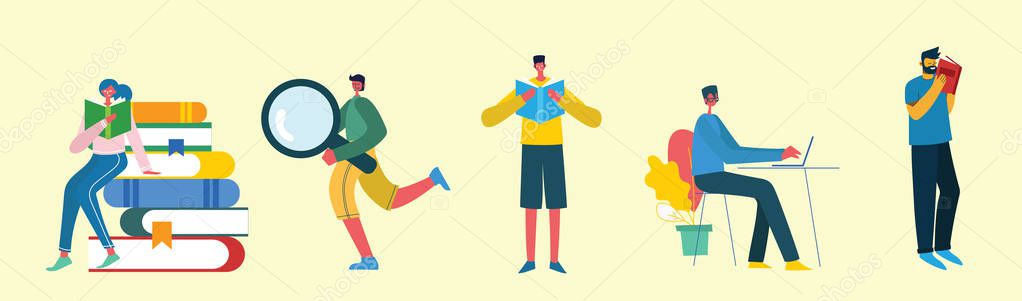 Vector illustration in a flat style of different activities people with smartphones, travelling, disabled people, walking, doing business, reading books, playing musical instruments