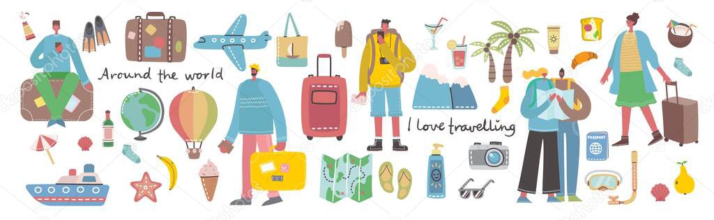 Big bundle of travel and summer holiday related objects and icons. For use on poster, banner, card and pattern collages. Modern vector flat style illustration