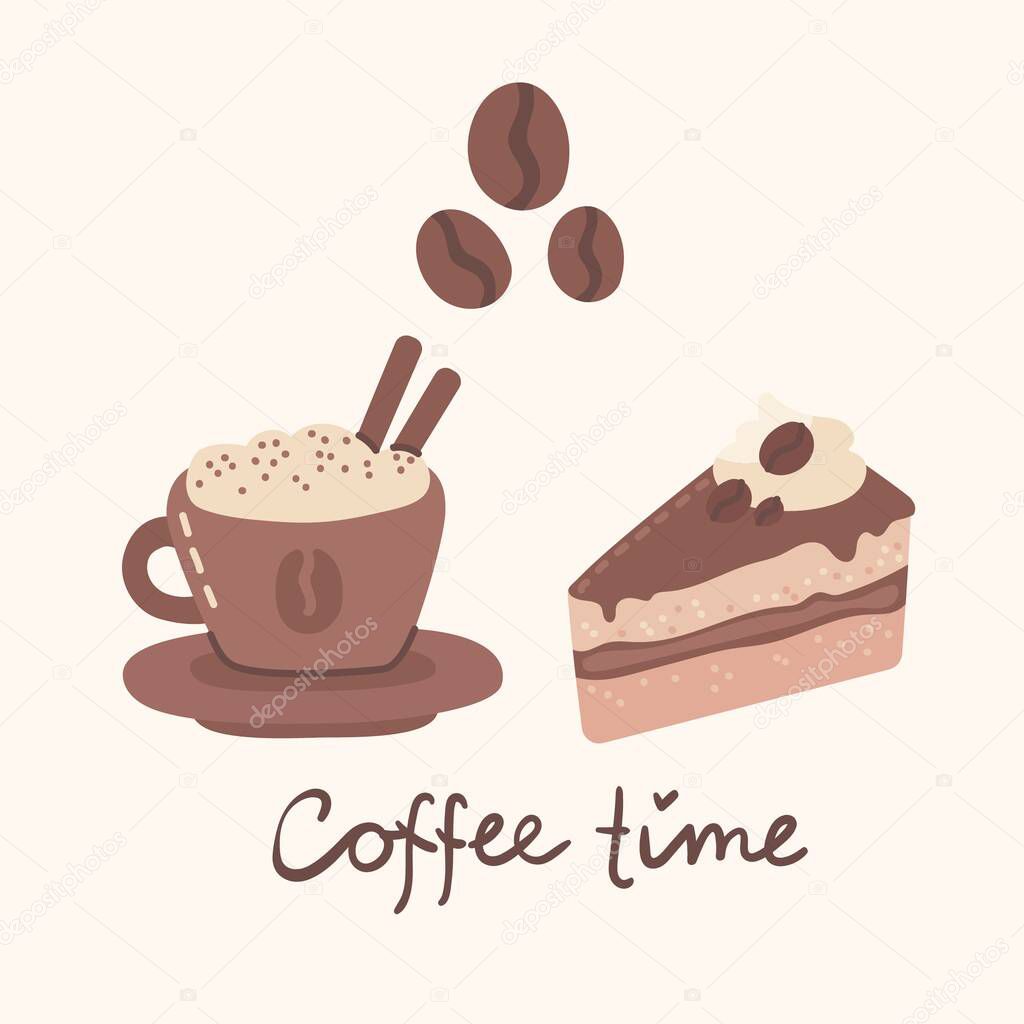 Cup of coffee and the coffee cake in line art style on background. White background. Vector modern illustration in flat design.