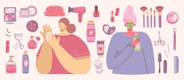 Kozmetik ve vücut bakım ürünleri kolajı kızların etrafında kozmetik poşetlerle dolaşmak için. Ruj, losyon, tarak, toz, parfüm, fırça, tırnak cilası. Düz biçimdeki vektör modern illüstrasyon.