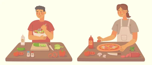 若い女の子と男の子は自宅でキッチンでピザやサラダを調理します ピザとサラダを具材で作る 平面形式のベクトル現代イラスト — ストックベクタ
