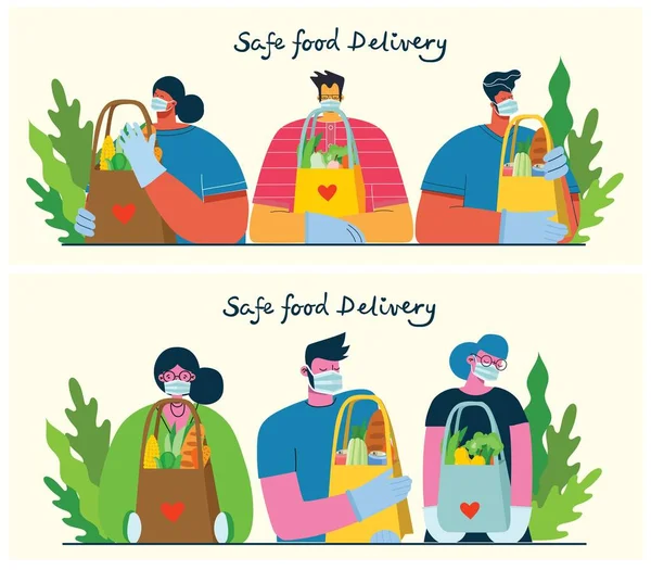 Lieferservice Mitarbeiter Liefern Lebensmittel Mahlzeiten Und Waren Aus Sichere Warenlieferung — Stockvektor