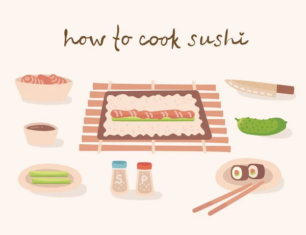 Come Cucinare Una Cucina Tradizionale Giapponese Illustrazione Con Utensili Cucina — Vettoriale Stock