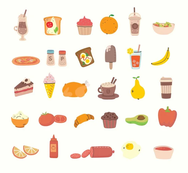 Большой Набор Вкусной Еды Напитков Связанных Предметами Иконами Использования Плакатах — стоковый вектор