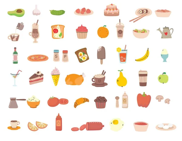 Big set of tasty food and drink related objects and icons. For use on poster, banner, card and pattern collages. Modern vector flat style illustration