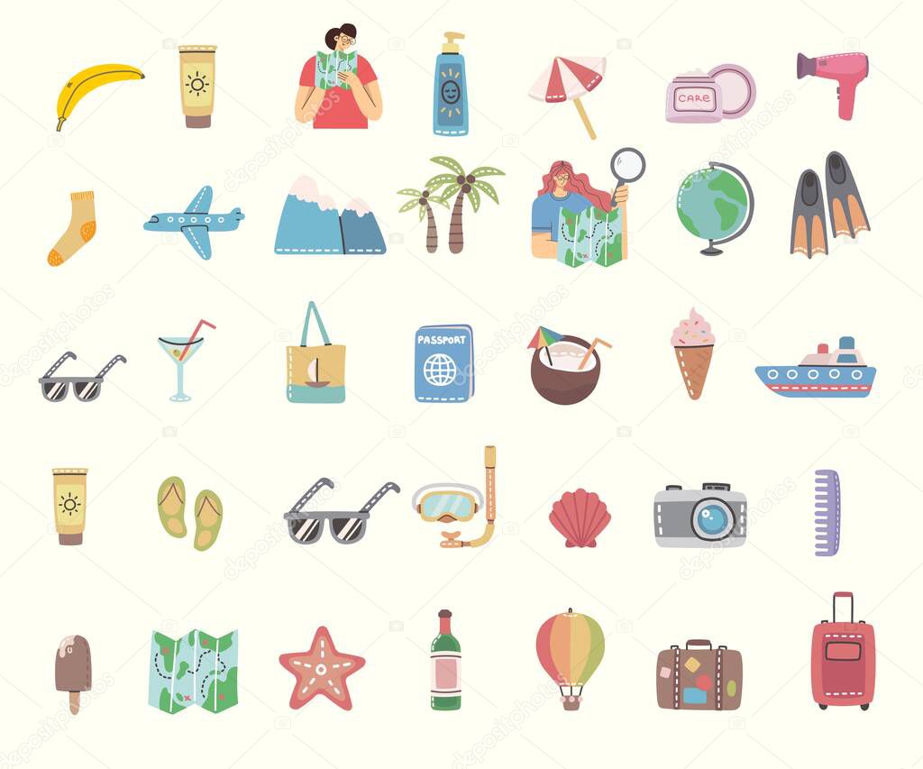 Set of travel icons and related symbols. Vector flat illustrations for travel card, poster, banner.