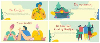 Eşsiz bir geçmişi olan kadın kavramı. Modern vektör illüstrasyon kartları. Düz dizaynlı mutlu kadın.