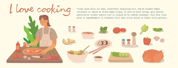 Een Jong Meisje Dat Thuis Keuken Kookt Pizza Kip Salade — Stockvector