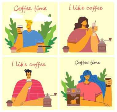 Gülümseyen insanlar kahve içen ve konuşan arkadaşlar. Kahve zamanı, mola ve rahatlama vektör kartları. Modern düz tasarım tarzında vektör illüstrasyonu
