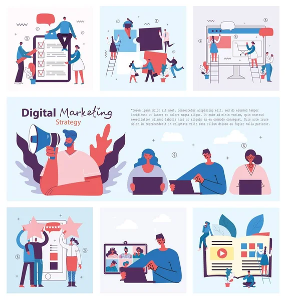 Ilustração Conceito Marketing Digital Design Plano Limpo Moderno Homens Mulheres —  Vetores de Stock