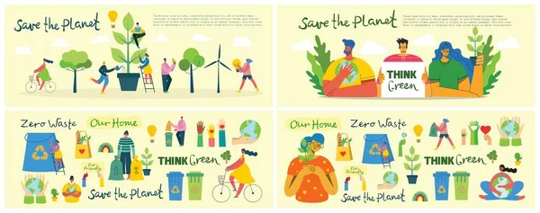 Σετ Οικολογικών Εικόνων Για Εξοικονόμηση Περιβάλλοντος Ανθρώπους Που Φροντίζουν Τον — Διανυσματικό Αρχείο