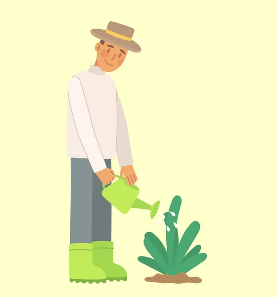 Ein Gärtner Wässert Ein Beet Mit Einer Blume Vektor Illustration — Stockvektor
