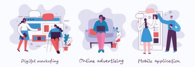 Dijital pazarlama seti, çevrimiçi reklam, mobil uygulama 