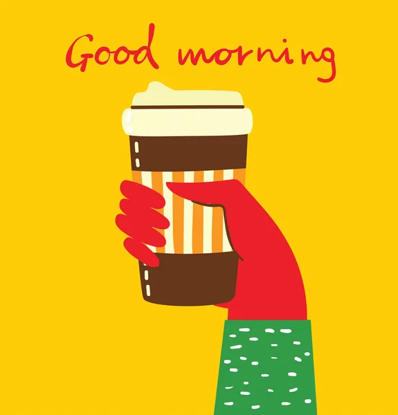 Dobré Ráno Banner Rukou Drží Kávu Žlutém Pozadí — Stockový vektor