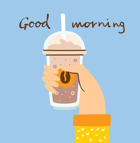 Dobré Ráno Banner Rukou Drží Ledovou Kávu Modrém Pozadí — Stockový vektor