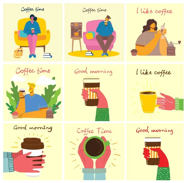 Lächelnde Menschen Trinken Kaffee Und Unterhalten Sich Kaffee Pausen Und — Stockvektor