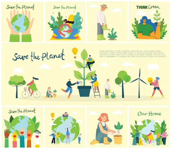 環境写真のセットを保存します 惑星のコラージュの世話をしている人々 ゼロ廃棄物 緑と思う 地球を救う 現代のフラットデザインで私たちの家の手書きのテキスト — ストックベクタ